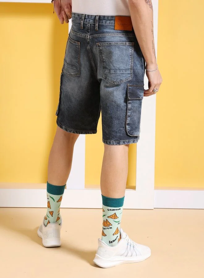 شركة المرآب الهندية Men G-505-CARGO SHORTS Solid Mid-Rise Denim Cargo Shorts