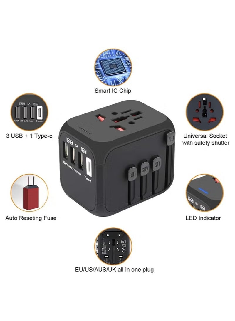 Travel Adapter, Worldwide All in One Universal Travel Adapter Wall AC Power Plug Adapter Wall Charger with Smart High Speed 3 USB Ports 1 Type C Ports, USA EU UK AU Asia 160 Countries - Image 2