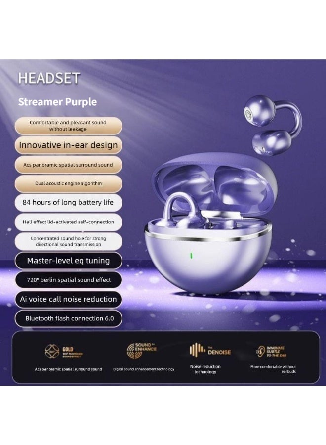 GTS26 Wireless Earphones Bluetooth 5.4 Spatial Audio Stable Fit Earbuds Sports Ear Clip-on Noise Canceling Purple - Image 1