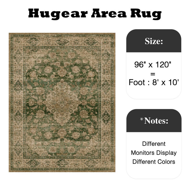 HUGEAR Retro Green Area Rug 8x10 Machine Washable Living Room Rugs Distressed Vintage Floral Low Pile Carpet Bedroom Office Dining Room Laundry Room Non Slip Soft Lightweight - Image 2