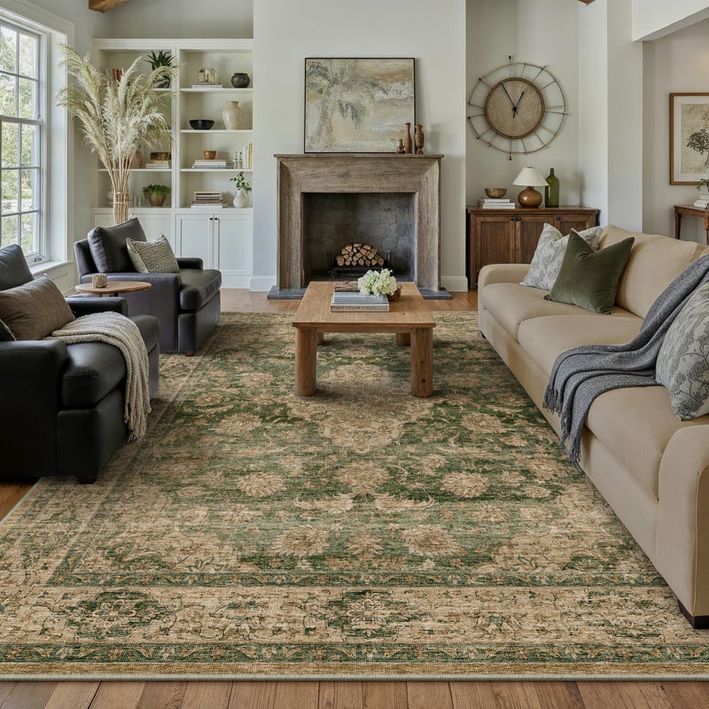 HUGEAR Retro Green Area Rug 8x10 Machine Washable Living Room Rugs Distressed Vintage Floral Low Pile Carpet Bedroom Office Dining Room Laundry Room Non Slip Soft Lightweight - Image 1