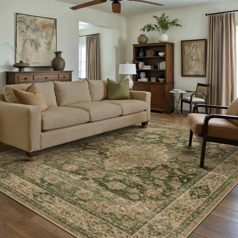 HUGEAR Retro Green Area Rug 8x10 Machine Washable Living Room Rugs Distressed Vintage Floral Low Pile Carpet Bedroom Office Dining Room Laundry Room Non Slip Soft Lightweight - Image 3
