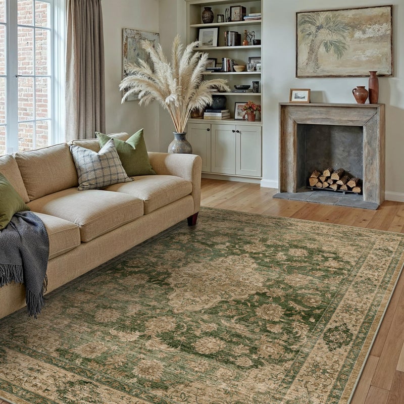 HUGEAR Retro Green Area Rug 8x10 Machine Washable Living Room Rugs Distressed Vintage Floral Low Pile Carpet Bedroom Office Dining Room Laundry Room Non Slip Soft Lightweight - Image 4