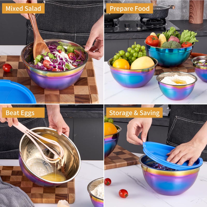 Onlycooker Rainbow Mixing Bowls With Airtight Lids Stainless Steel Bowl Salad Bowls 4 Piece Colorful Nesting Bowl Rainbow Kitchen Accessories Size 5.5 3.6 2.1 1.5 Qt Stackable Design - Image 4