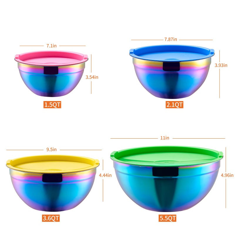 Onlycooker Rainbow Mixing Bowls With Airtight Lids Stainless Steel Bowl Salad Bowls 4 Piece Colorful Nesting Bowl Rainbow Kitchen Accessories Size 5.5 3.6 2.1 1.5 Qt Stackable Design - Image 2