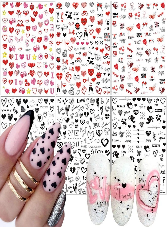 YKZFUI Heart Nail Stickers - 6 Sheets Love Heart Nail Decals, Paper & Vinyl, Holographic Design, Black, Reusable, Indoor Use, Women, Adult, Winter - Image 1