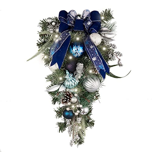 Valery Madelyn PreLit Christmas Teardrop Swag for Decorating Outdoor 24 Inch Silver Blue Mailbox Swag Decoration with 20 LED Lights Ball Ornaments for Front Door Stairway Window Shelf Xmas Decor - Image 1