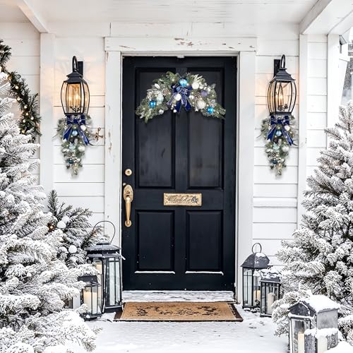 Valery Madelyn PreLit Christmas Teardrop Swag for Decorating Outdoor 24 Inch Silver Blue Mailbox Swag Decoration with 20 LED Lights Ball Ornaments for Front Door Stairway Window Shelf Xmas Decor - Image 3