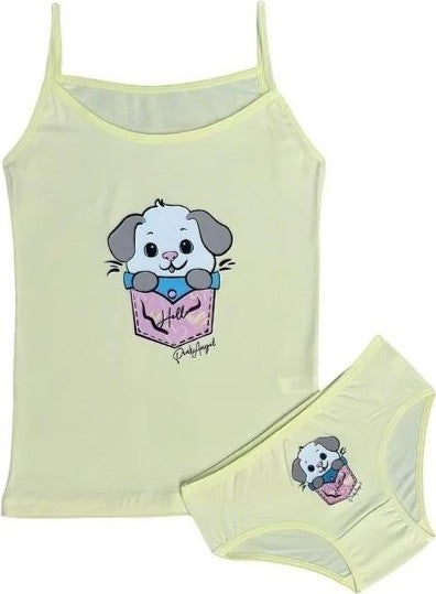 Girl's Rope Suspender Undershirt and Panties Set (dog coming out of pocket)