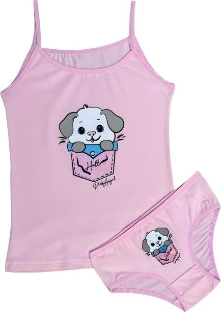 Girl's Rope Suspender Undershirt and Panties Set (dog coming out of pocket)