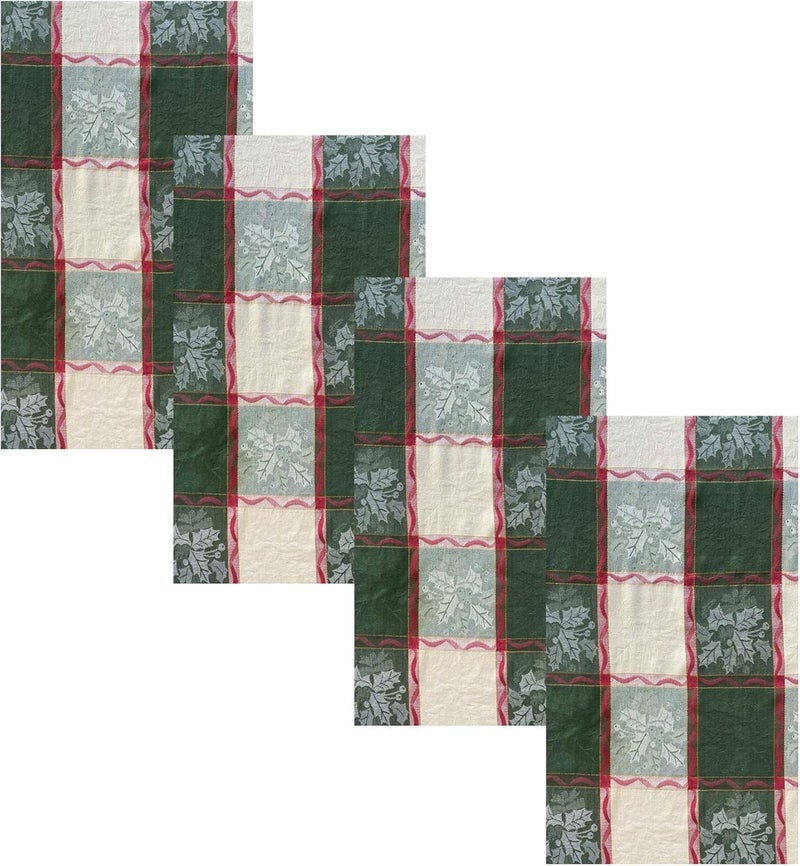 Lintex Golden Mistletoe and Ribbon Cotton Jacquard Christmas Fabric Napkins Evergreen Red Ribbon and Berry Woven Holiday and Xmas Easy Care Cotton Weave Napkins Set of 4 Napkins - Image 1