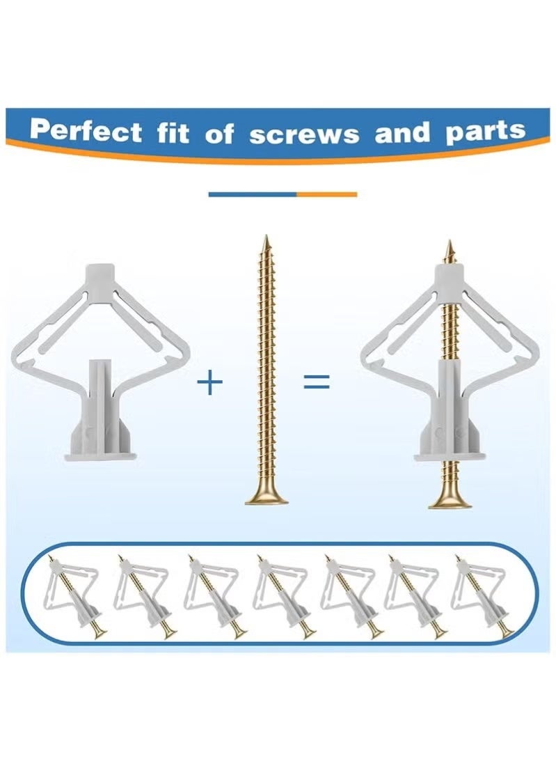 دي تي جي بي مجموعة مرساة حائط من 100 قطعة، مرساة حائط مجوفة مع براغي ذاتية الحفر، مرساة حائط مجوفة للجدران الجافة والجص، مرساة تمدد على شكل فراشة مع براغي، نايلون - Image 3