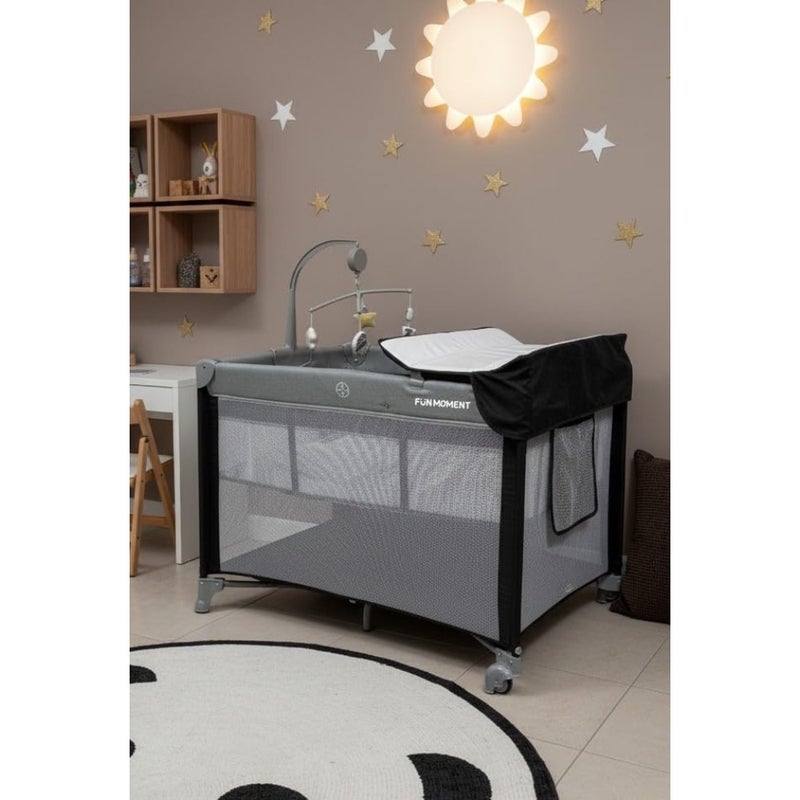 Fun Moment Baby Playpen 104x74cm with Changing Mat and Mosquito Net, Breathable Mesh, 2 Wheels, Side Pocket and Zipper in Second Layer, Portable Travel Foldable - Image 2