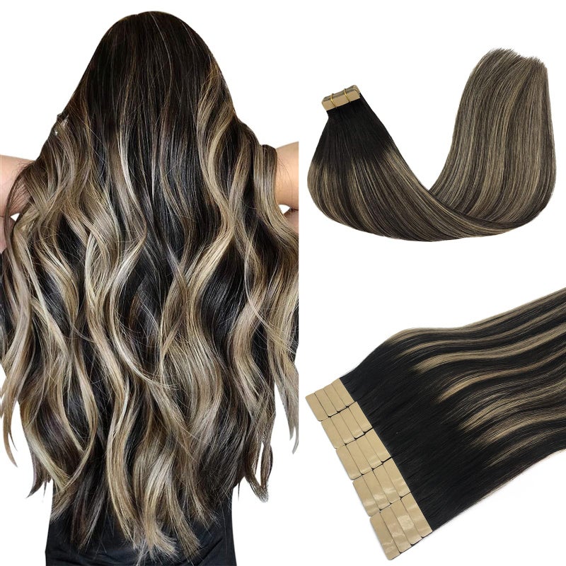 DOORES Tape in Balayage Natural Black to Light Blonde 20 Inch 20pcs 50g Human Hair Extensions Tape in Straight Real Natural