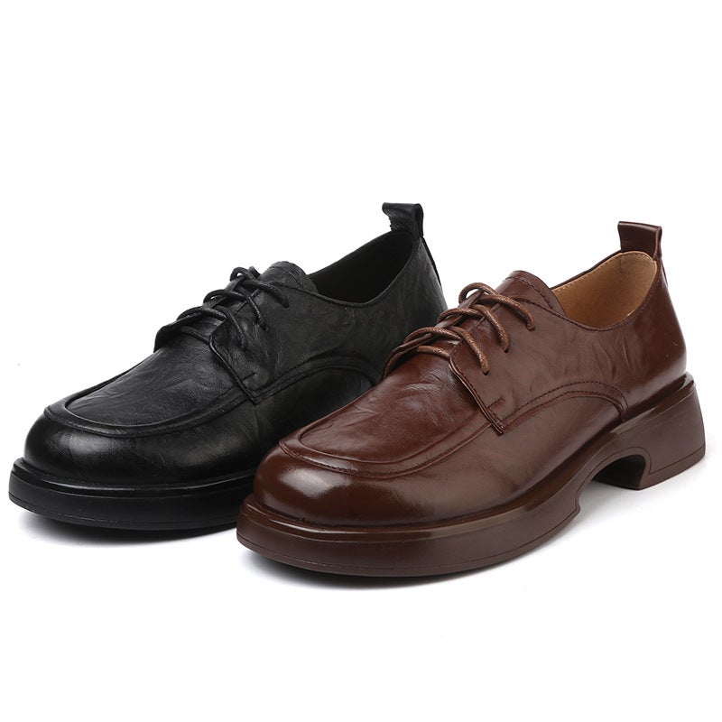 Genuine Leather Thick Sole Loafers for Women 2025 Spring/Autumn Lace-up Classic Vintage Size 35-43 - Image 1