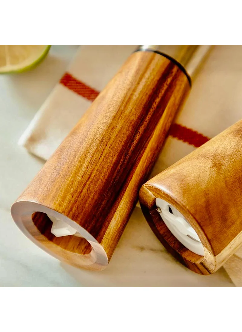 كويزيرا Quesera Gold  Salt and pepper Grinder set with wooden base , Gold funnel , cleaning brush and one wooden spoon