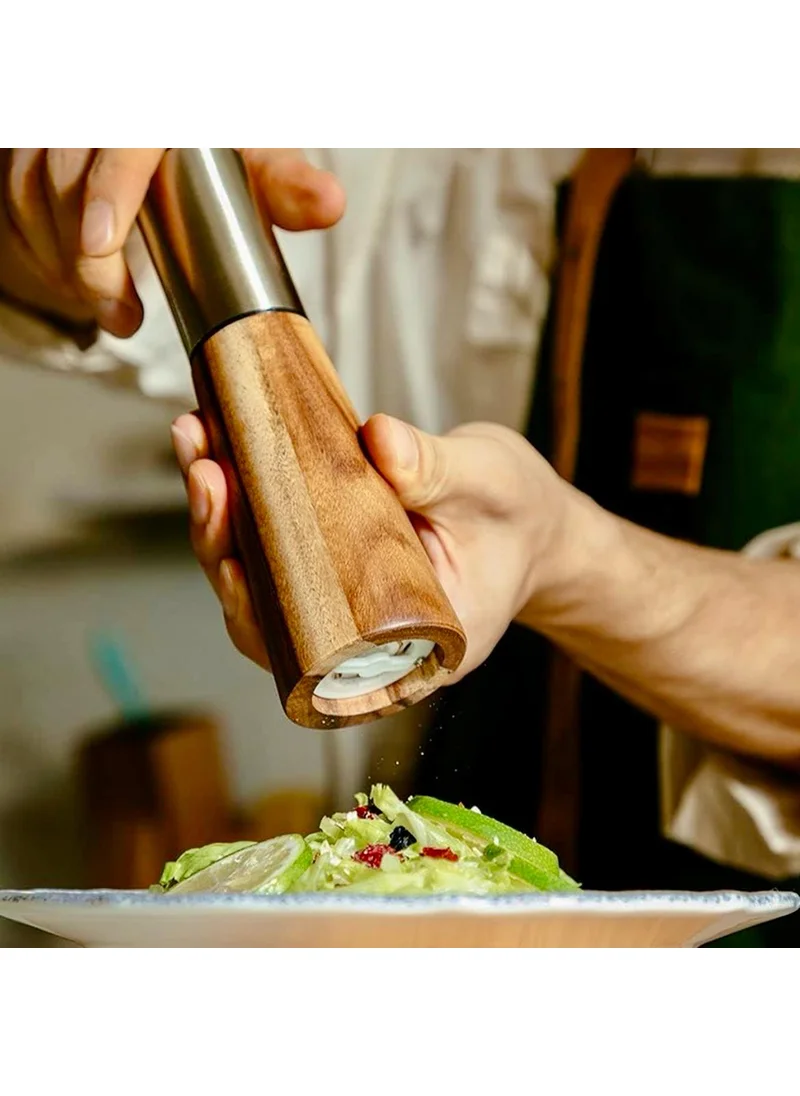 كويزيرا Quesera Gold  Salt and pepper Grinder set with wooden base , Gold funnel , cleaning brush and one wooden spoon