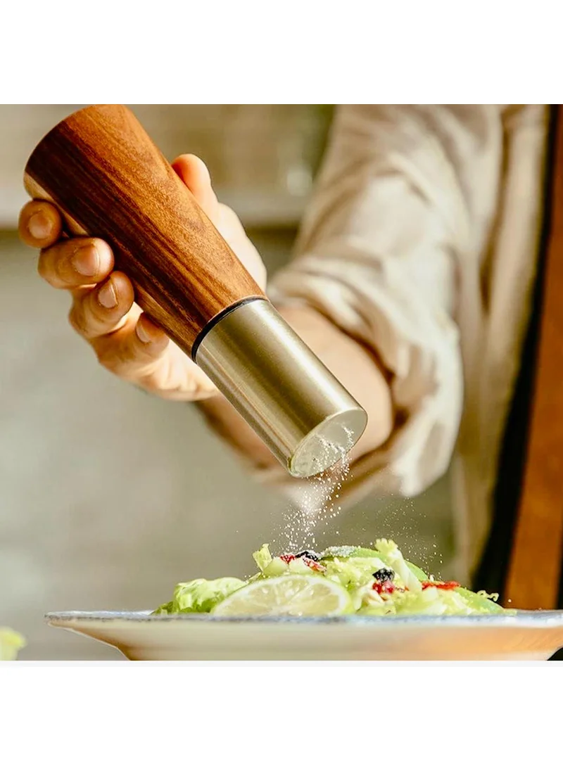 كويزيرا Quesera Gold  Salt and pepper Grinder set with wooden base , Gold funnel , cleaning brush and one wooden spoon