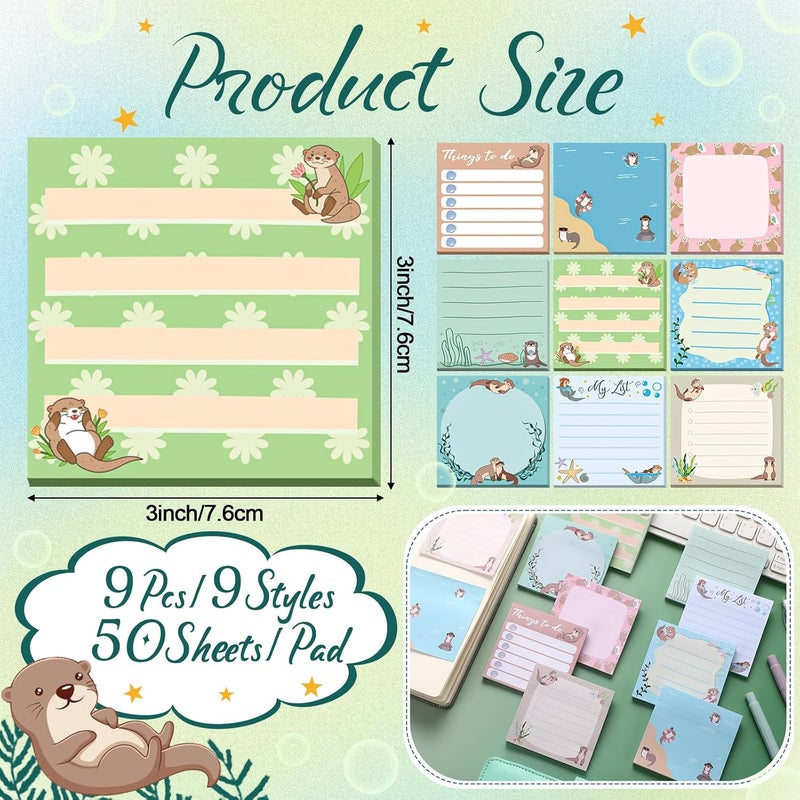 Saypacck 9 Pads Otter Sticky Notes 3x3 Inch Cute Self Stick Notepads Notes Adhesive Memo Pad Office Decor Gifts for Students School Teacher Meeting Office Supplies - Image 2