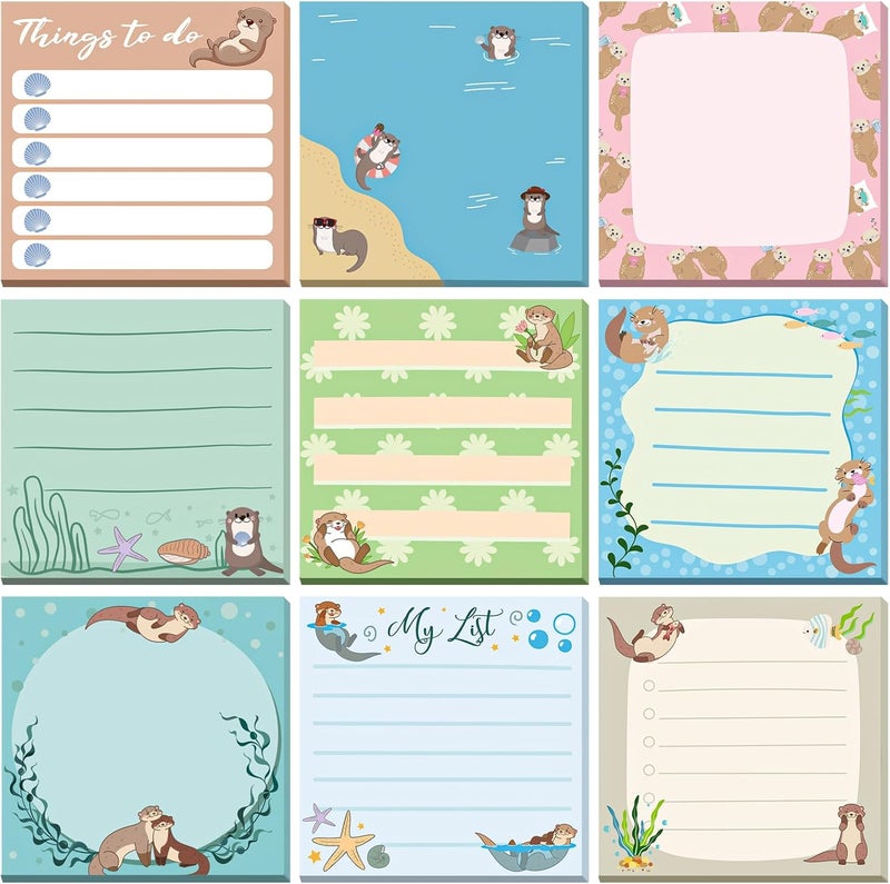 Saypacck 9 Pads Otter Sticky Notes 3x3 Inch Cute Self Stick Notepads Notes Adhesive Memo Pad Office Decor Gifts for Students School Teacher Meeting Office Supplies - Image 1