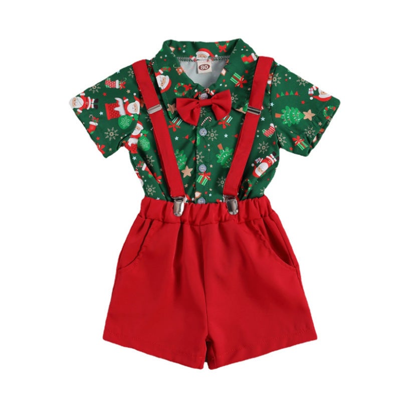 Foreign trade children''s clothing 2023 Christmas boys'' shirt bow tie top gentleman suspender pants three-piece set - Image 1