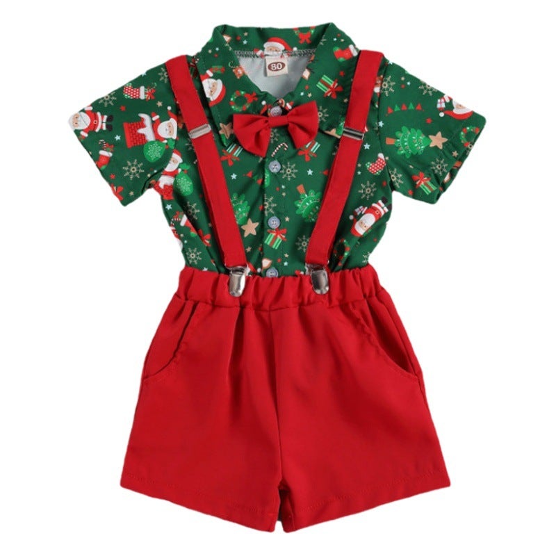 Foreign trade children''s clothing 2023 Christmas boys'' shirt bow tie top gentleman suspender pants three-piece set - Image 2
