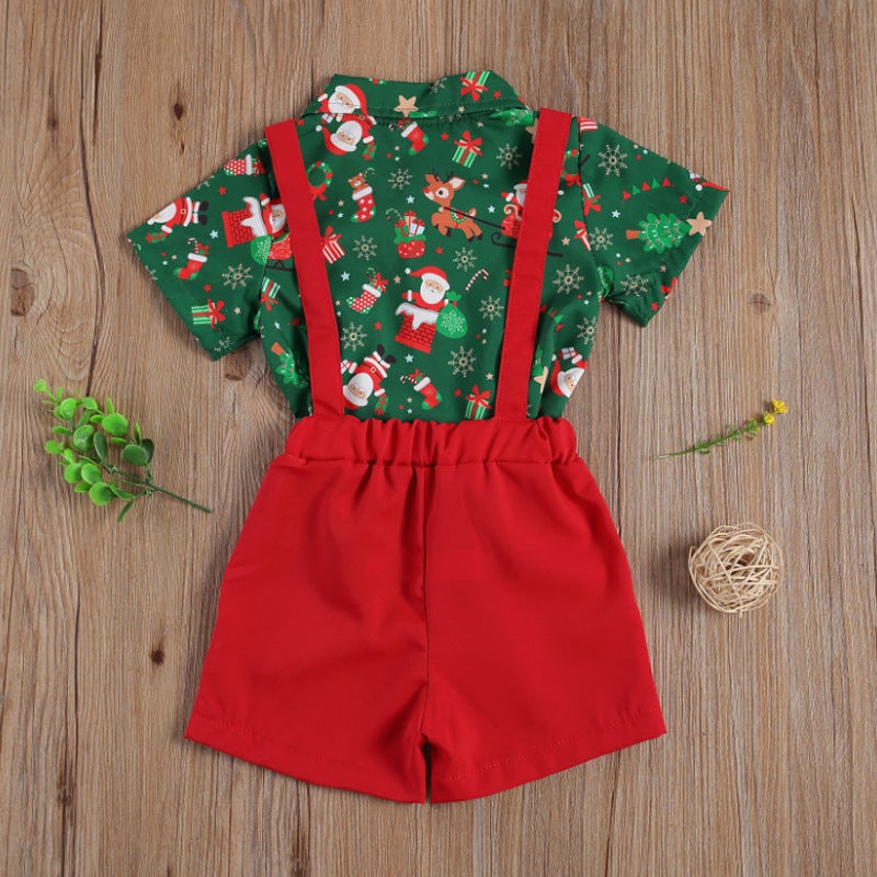 Foreign trade children''s clothing 2023 Christmas boys'' shirt bow tie top gentleman suspender pants three-piece set - Image 4