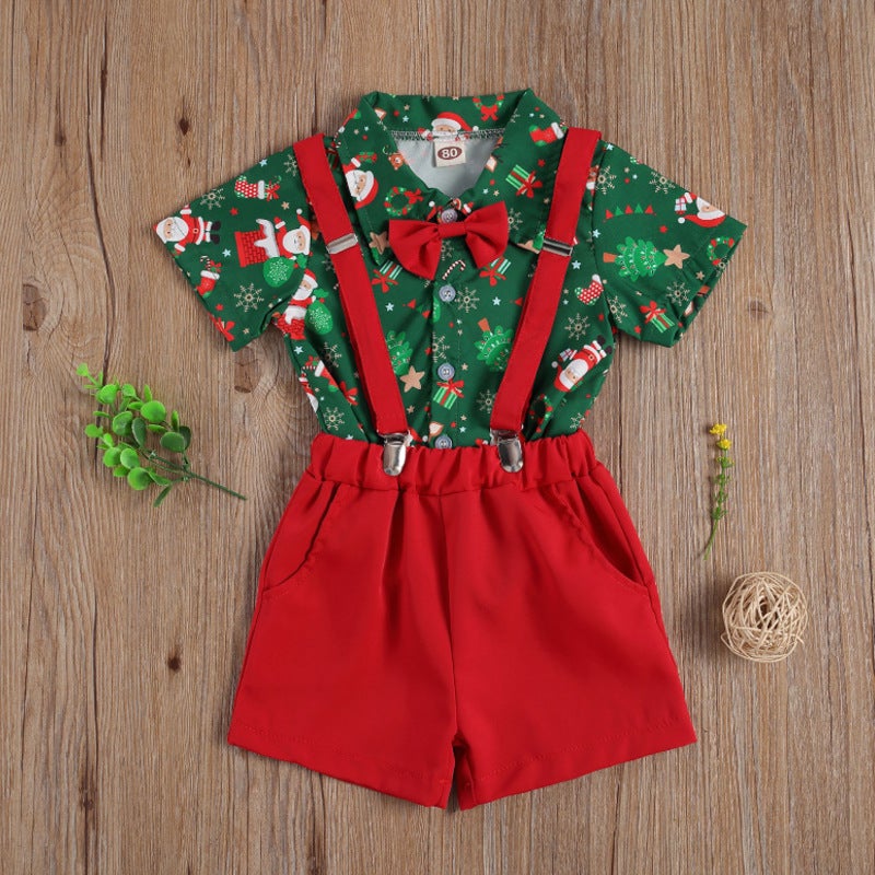 Foreign trade children''s clothing 2023 Christmas boys'' shirt bow tie top gentleman suspender pants three-piece set - Image 3