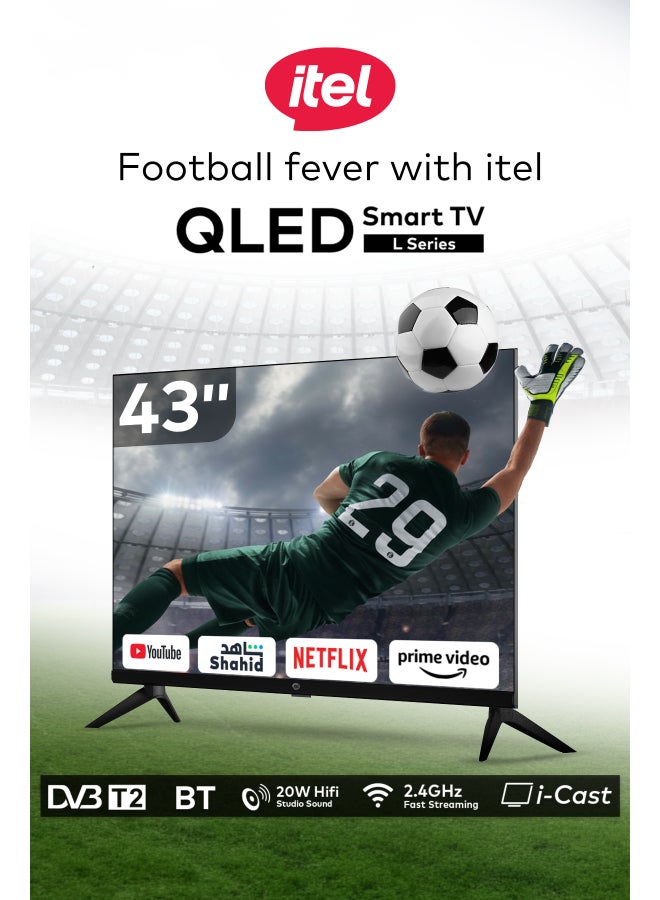 ITEL 43 Inch 1080p Full HD QLED TV, Operating System Android, 60Hz, Ultra Slim Frame, HDMI, USB, Netflix, YouTube, Prime Video, 20W Audio Output, Model Year 2025 L4360N Black - Image 1