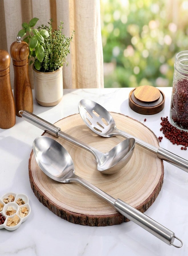Alrhso 3 Pcs Large Serving Spoon Slotted Spoons and Soup Ladle Stainless Steel Cooking Spoon Set Long Basting Spoons with Round Handle Heavy Duty Utensils for Commercial Home Use(13-inch) - Image 3