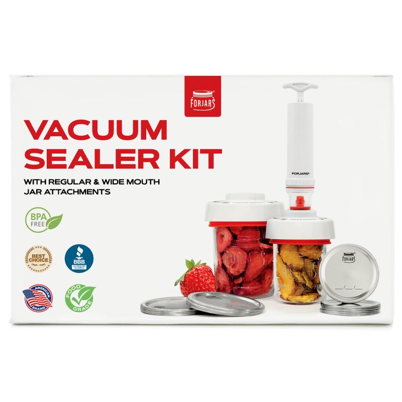 FORJARS Jar Vacuum Sealer Accessory Set for Mason Jars Compatible with Regular and Wide Mouths Cordless Pump for Portable Manual Hand Sealing no electric Vacuum Sealer with Plastic Lids