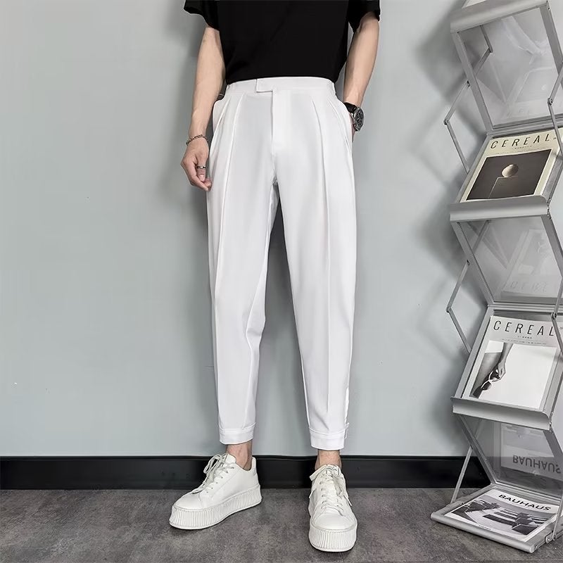 Ankle-tied pants mens new slim fit ankle-length pants slim loose white small suit pants mens draping elastic casual pants White high quality ankle-tied pants