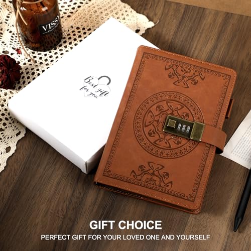 CAGIE Diary with Lock for Women and Men A5 Refillable 290 Lined Pages Locked Journal with Pen, Journal with Lock for Adults Travel Diary for Writing, 5.7'' X 8.3'', Brown - Image 2