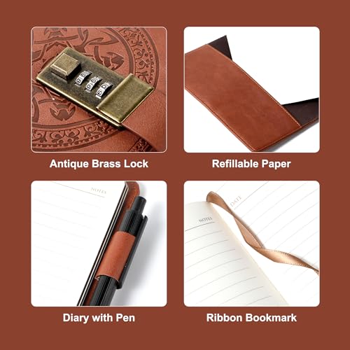 CAGIE Diary with Lock for Women and Men A5 Refillable 290 Lined Pages Locked Journal with Pen, Journal with Lock for Adults Travel Diary for Writing, 5.7'' X 8.3'', Brown - Image 3