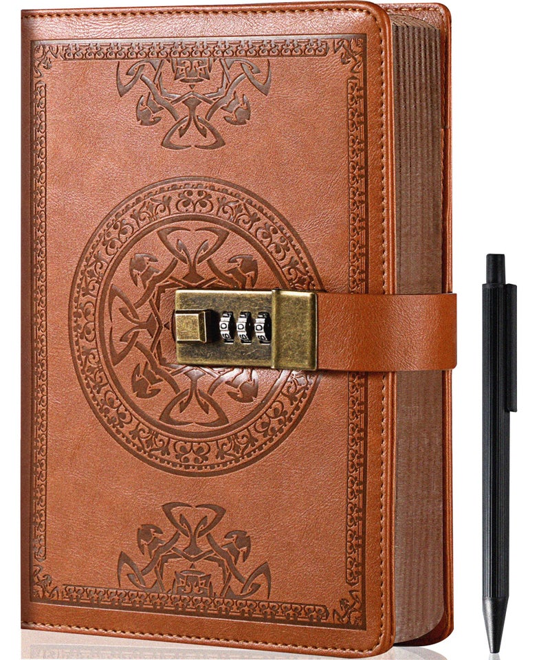 CAGIE Diary with Lock for Women and Men A5 Refillable 290 Lined Pages Locked Journal with Pen, Journal with Lock for Adults Travel Diary for Writing, 5.7'' X 8.3'', Brown - Image 1