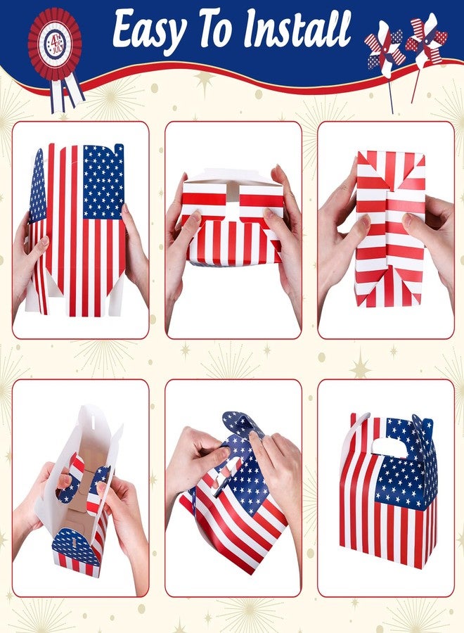 Whaline 12Pcs Patriotic Treat Box with Handle 4th of July American Flag Paper Gift Boxes Independence Day Candy Goodie Boxes for 250th Anniversary Memorial Day Party Decorations - Image 3