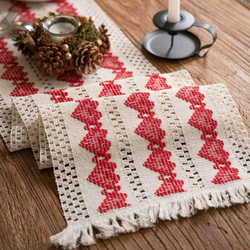 SYOSI Boho Table Runner with Tassels, Rustic Woven Cotton Braided Heart Design, Farmhouse Style for Kitchen, Dining, Holiday Parties, Wedding, Christmas Decor, 30 * 183 cm - Image 3