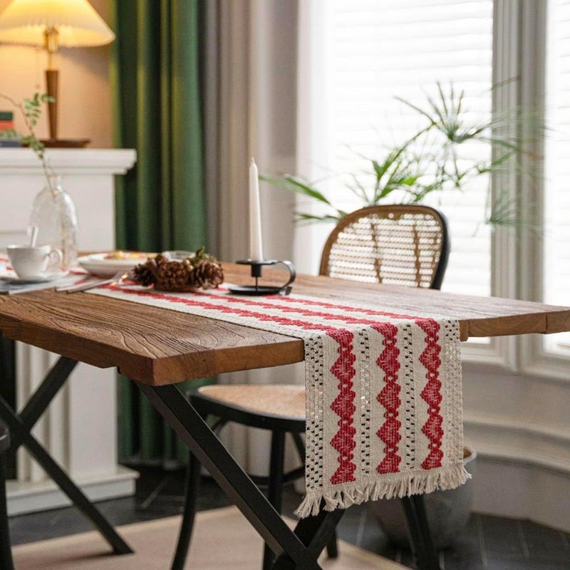 SYOSI Boho Table Runner with Tassels, Rustic Woven Cotton Braided Heart Design, Farmhouse Style for Kitchen, Dining, Holiday Parties, Wedding, Christmas Decor, 30 * 183 cm - Image 5
