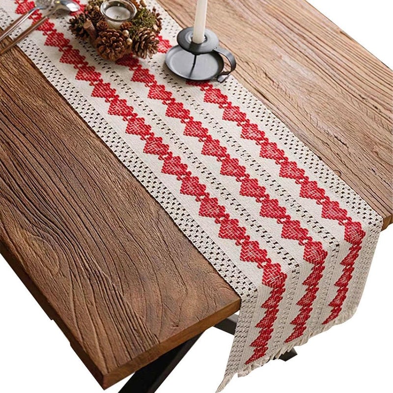 SYOSI Boho Table Runner with Tassels, Rustic Woven Cotton Braided Heart Design, Farmhouse Style for Kitchen, Dining, Holiday Parties, Wedding, Christmas Decor, 30 * 183 cm - Image 1