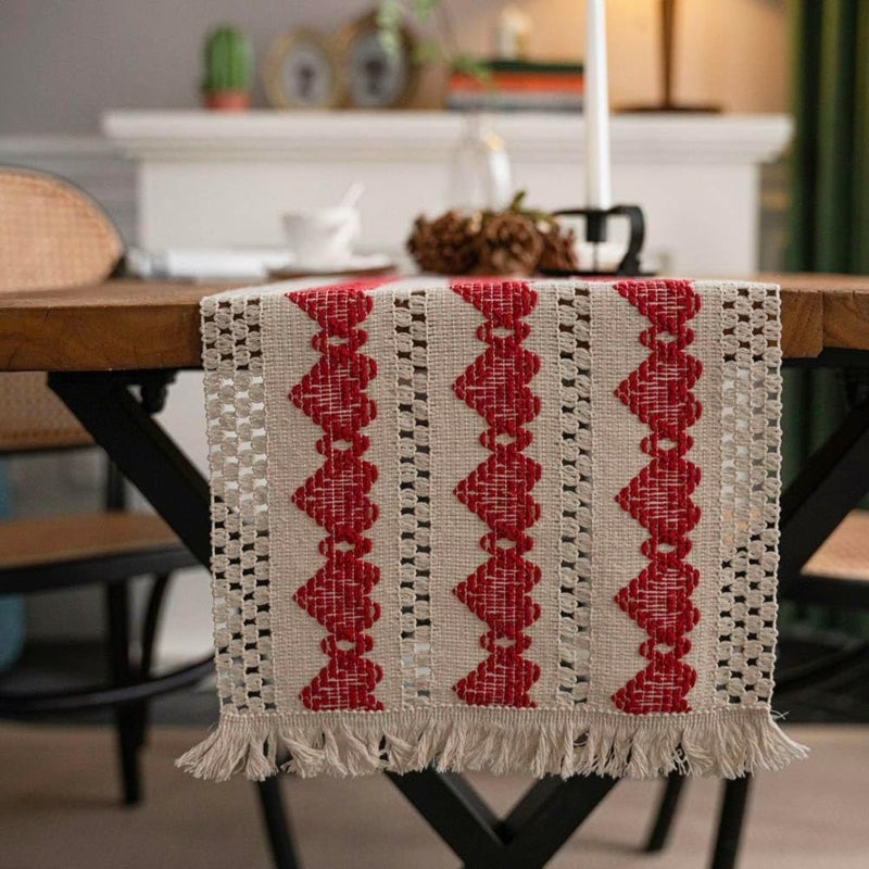 SYOSI Boho Table Runner with Tassels, Rustic Woven Cotton Braided Heart Design, Farmhouse Style for Kitchen, Dining, Holiday Parties, Wedding, Christmas Decor, 30 * 183 cm - Image 2