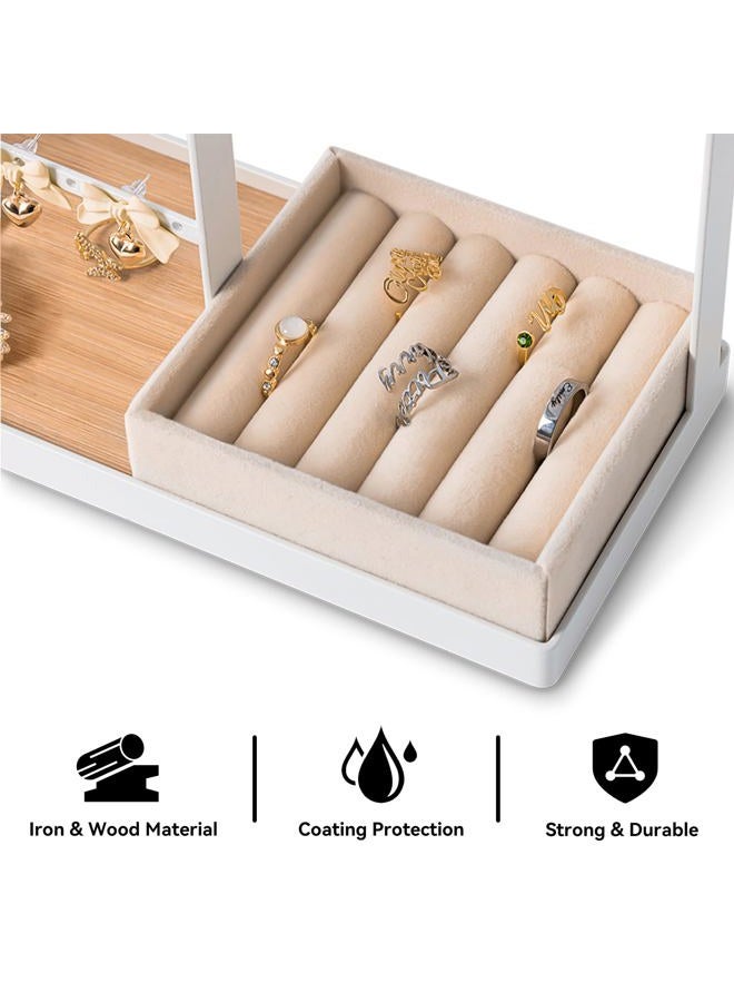 DreamGenius Jewelry Organizer Stand with Velvet Ring Holder, 4 Tier Jewelry Holder Organizer with 15 Hooks Necklace Organizer and Bracket Holder, Jewelry Stand with 16 Holes for Earring Holder, White - Image 4