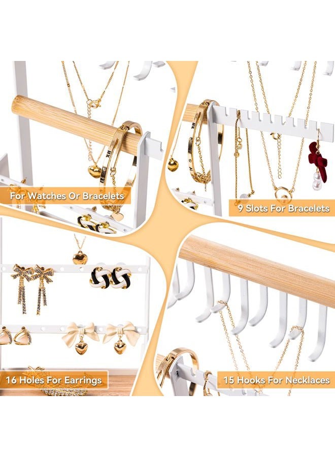 DreamGenius Jewelry Organizer Stand with Velvet Ring Holder, 4 Tier Jewelry Holder Organizer with 15 Hooks Necklace Organizer and Bracket Holder, Jewelry Stand with 16 Holes for Earring Holder, White - Image 5