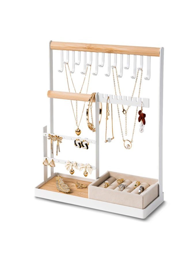 DreamGenius Jewelry Organizer Stand with Velvet Ring Holder, 4 Tier Jewelry Holder Organizer with 15 Hooks Necklace Organizer and Bracket Holder, Jewelry Stand with 16 Holes for Earring Holder, White - Image 1