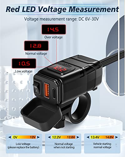 EXTRACTME Motorcycle Phone Charger, 6.4A Dual USB Type C PD & Quick Charge 3.0 Motorcycle USB Charger with Voltmeter & ON/Off Switch, Waterproof Motorcycle Accessories for Phone, Tablet, GPS, etc - Image 3