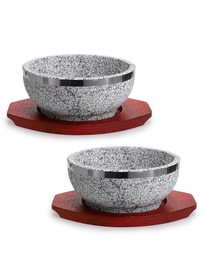 MDLUU 2 Pcs Dolsot Bibimbap Bowl, Granite Stone Bowl with Wood Base, Dolsot Pot for Korean Soup, Rice and Stew - Image 1