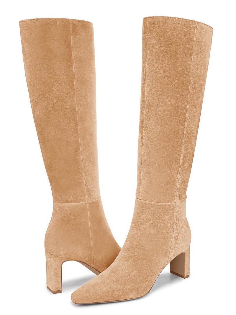 Coutgo Womens Knee High Boots Closed Pointed Toe Chunky Heel Tall Boots Side Zipper Fall Dress Boot Shoes, Khaki, Size 9 - Image 4