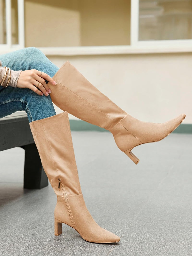 Coutgo Womens Knee High Boots Closed Pointed Toe Chunky Heel Tall Boots Side Zipper Fall Dress Boot Shoes, Khaki, Size 9 - Image 2