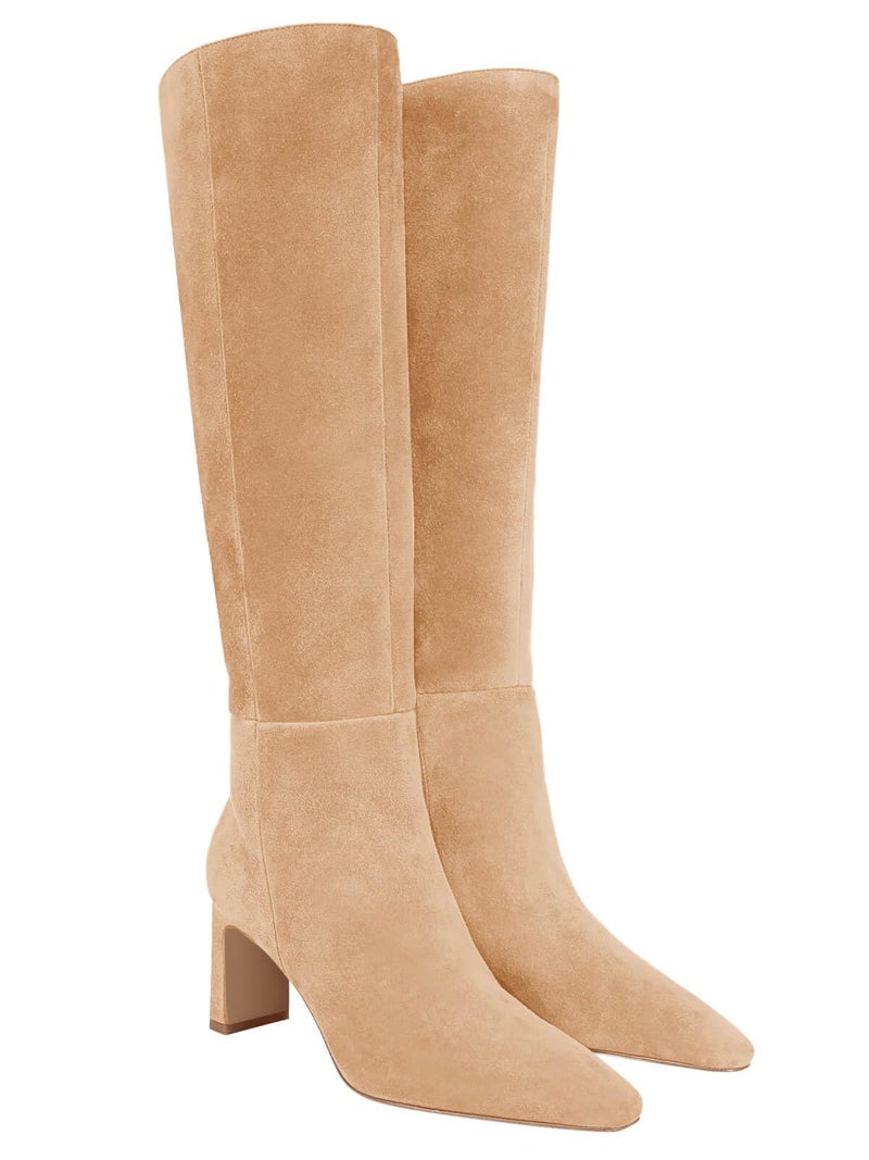 Coutgo Womens Knee High Boots Closed Pointed Toe Chunky Heel Tall Boots Side Zipper Fall Dress Boot Shoes, Khaki, Size 9 - Image 1