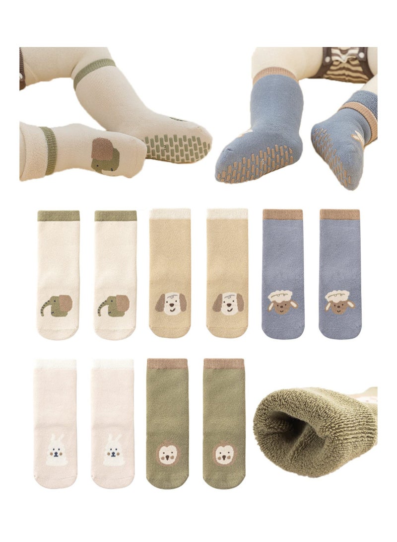 Y&D Baby Anti Slip Socks 5 Pairs Thick Warm Cotton with Grips Kids Children Animal Non Skid Floor for Boys Girls Size S 1 to 3 Years - Image 1