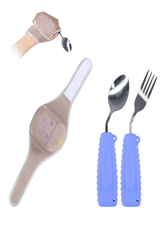 Ehucon Adaptive Utensils with Universal Elastic Utensil Holder Cuff Set,Eating Utensils Easy Grip for Hand Tremors,Parkinsons or Disabled (Purple, Left Fork and Spoon and a Universal Cuff Set) - Image 1